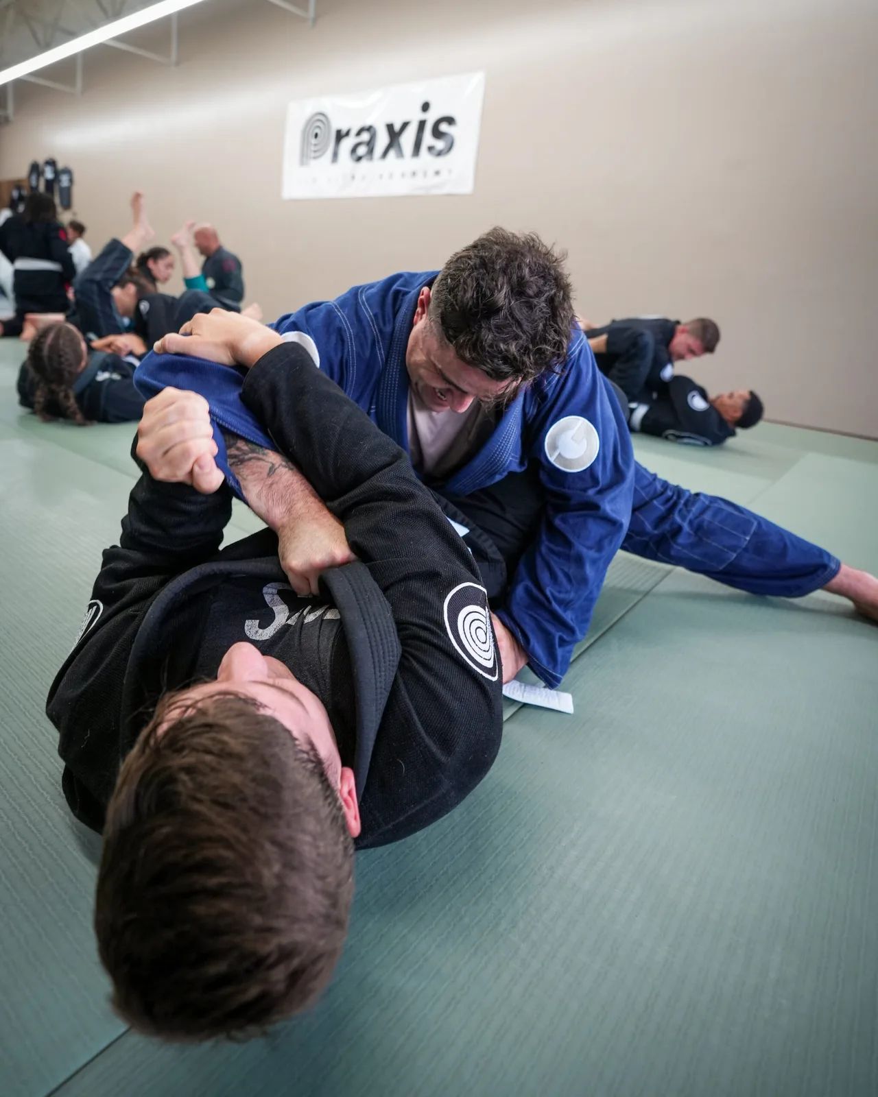 Two adult students rolling during a Praxis Jiu Jitsu class